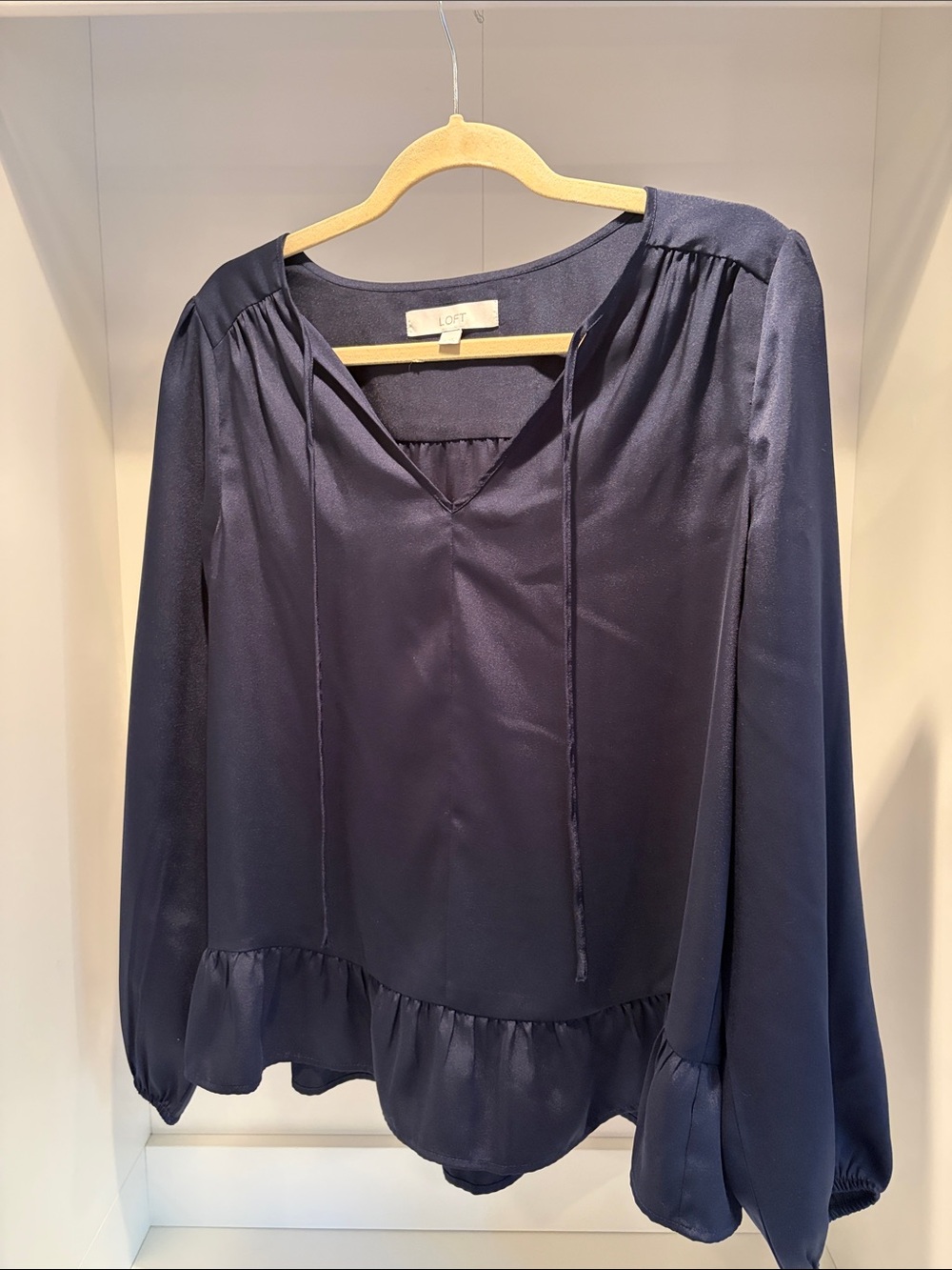 LOFT Navy Long-Sleeve V-Neck Ruffle-Hem Blouse